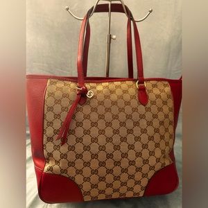 Vintage Authentic Gucci Monogram Bree Zippered Tote ( Red Beige canvas) …